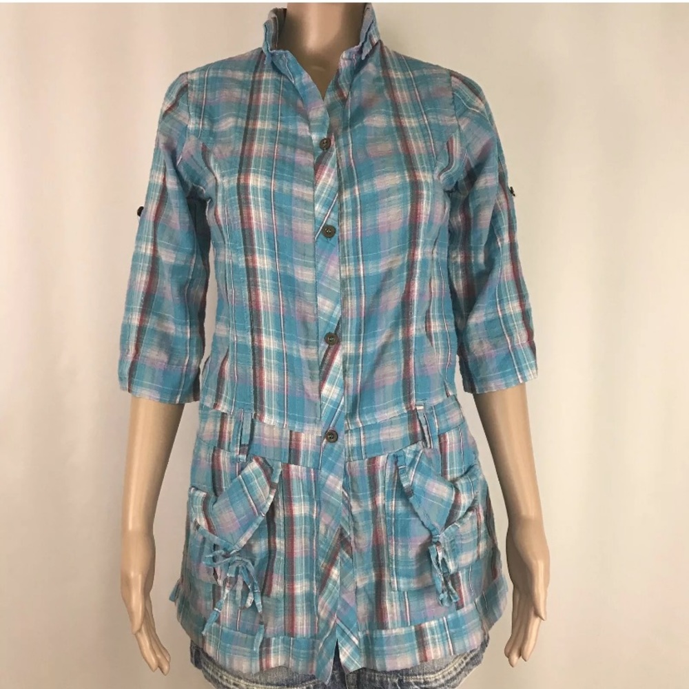 BEN~LEX Blue Pink Plaid Button Up Tunic Semi-Sheer